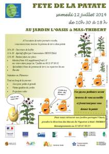 FETE DE LA PATATE samedi 12 juillet 2014 de 10h 30 à 18 h AU JARDIN L’OASIS à MAS-THIBERT A l’occasion de notre première récolte, vous saurez tout, tout sur la pomme de terre alias patate