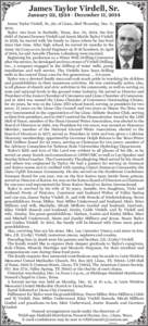 James Taylor Virdell, Sr.  January 22, [removed]December 11, 2014 James Taylor Virdell, Sr., 90, of Llano, died Thursday, Dec. 11, 2014. Taylor was born in Rochelle, Texas, Jan. 22, 1924, the first