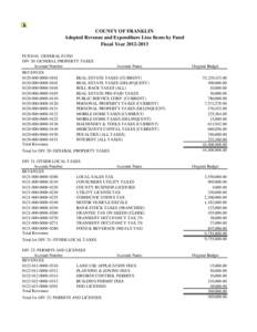 COUNTY OF FRANKLIN Adopted Revenue and Expenditure Line Items by Fund Fiscal Year[removed]FUND 01: GENERAL FUND DIV 20: GENERAL PROPERTY TAXES Account Number