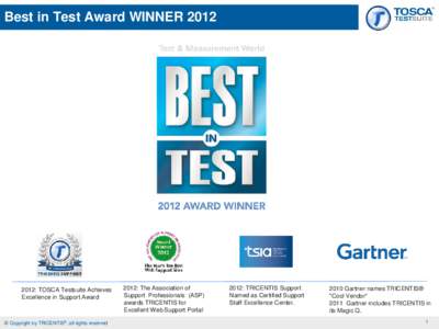 Best in2012 Test Award WINNER 2012 Winner  2012: TOSCA Testsuite Achieves