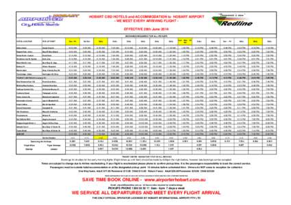 HOBART CBD HOTELS and ACCOMMODATION to HOBART AIRPORT - WE MEET EVERY ARRIVING FLIGHT EFFECTIVE 28th June 2014 BOOKINGS REQUIRED FOR ALL PICKUPS HOTEL/LOCATION  PICK UP POINT
