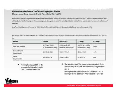 Update for members of the Yukon Employees’ Union Changes to your Group Insurance Benefits Plan, effective April 1, 2015 New premium rates for Long Term Disability, Extended Health Care and Dental Care insurance plans w