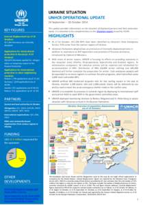 UKRAINE SITUATION UNHCR OPERATIONAL UPDATE 24 September – 20 October 2014 KEY FIGURES Internal displacement (as of 16