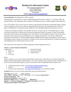 Reading Fire Information Update Lassen Volcanic National Park and Lassen National Forest August 23, 2012 9:00 am[removed]InciWeb: http://www.inciweb.org/incident/3112
