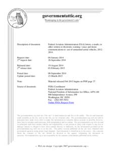 Description of document:  Federal Aviation Administration (FAA) letters, e-mails, or other written or electronic warning / cease and desist communications re: use of unmanned aerial vehicles, 