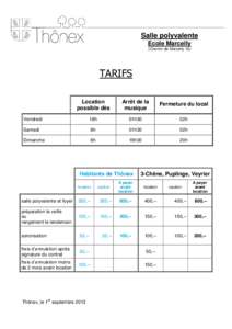 Salle polyvalente Ecole Marcelly (Chemin de Marcelly 10) TARIFS Location