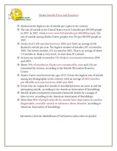 Alaska Suicide Facts and Statistics  a Alaska has the highest rate of suicide per capita in the country. a The rate of suicide in the United States was 11.5 suicides per 100,000 people in[removed]In 2007, Alaska’s rate w