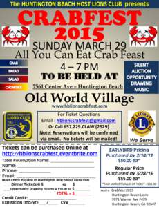 The HUNTINGTON BEACH HOST LIONS CLUB presents  CRABFEST 2015 SUNDAY MARCH 29