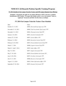 NIMS ICS All-Hazards Position Specific Training Program FY 2014 Schedule of On-Campus Train-the-Trainers and Off-Campus Regional Class Offerings Reminder: All students who apply for on-campus offerings at NETC must have 