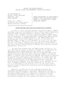 BEFORE THE ADMINISTRATOR UNITED STATES ENVIRONMENTAL PROTECTION AGENCY IN THE MATTER OF PACIFIC COAST BUILDING PRODUCTS, INC., APEX, NEVADA