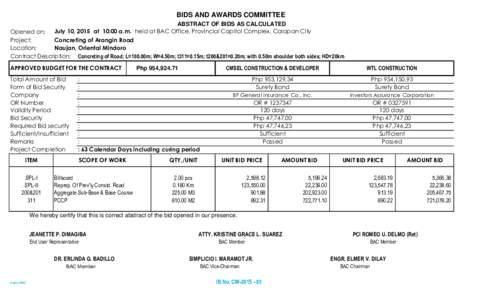 BIDS AND AWARDS COMMITTEE ABSTRACT OF BIDS AS CALCULATED July 10, 2015 at 10:00 a.m. held at BAC Office, Provincial Capitol Complex, Calapan City Opened on: Project: