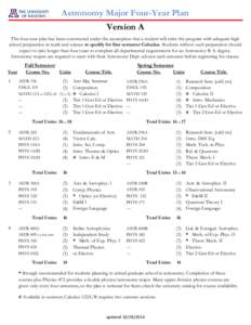 Astronomy Major Four-Year Plan Version A This four-year plan has been constructed under the assumption that a student will enter the program with adequate high school preparation in math and science to qualify for first 