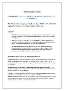 Wilton Park School COMMENTS ON ARTICLE IN THE MAIL ON SUNDAY 20TH JANUARY 2013 BY MARK NICOL