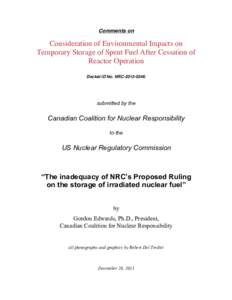 Comments on  Consideration of Environmental Impacts on Temporary Storage of Spent Fuel After Cessation of Reactor Operation Docket ID No. NRC[removed]: