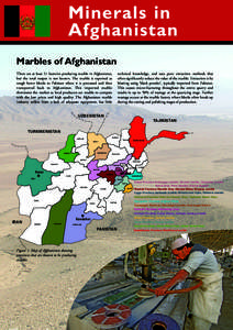 Minerals in Afghanistan Marbles of Afghanistan There are at least 21 factories producing marble in Afghanistan, but the total output is not known. The marble is exported as rough hewn blocks to Pakistan where it is proce