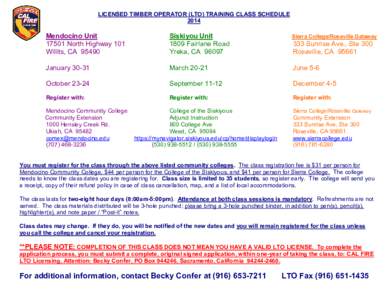 LICENSED TIMBER OPERATOR TRAINING CLASS SCHEDULE