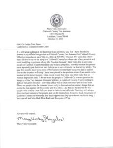 Mary Vicky Gonzales Caldwell County Tax Assessor 100 E Market St Lockhart, Texas[removed]October 2I.20ll Hon. Co. Judge Tom Bonn