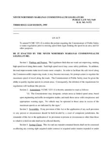 NINTH NORTHERN MARIANAS COMMONWEALTH LEGISLATURE PUBLIC LAW NO[removed]H. B. NO[removed]THIRD REGUALR SESSION, 1995  AN ACT