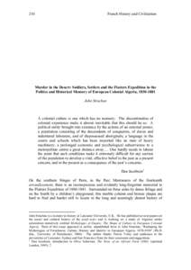 210   French History and Civilization Murder in the Desert: Soldiers, Settlers and the Flatters Expedition in the Politics and Historical Memory of European Colonial Algeria, 