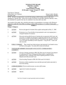 TONOPAH TOWN BOARD MEETING AGENDA MAY 27, 2009 CONVENTION CENTER 301 Brougher Avenue, Tonopah, NV[removed]:00 p.m.