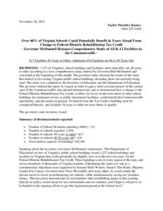 November 20, 2013 Taylor Thornley Keeney[removed]Over 60% of Virginia Schools Could Potentially Benefit in Years Ahead From Change to Federal Historic Rehabilitation Tax Credit