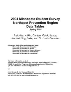2004 Minnesota Student Survey Northeast Prevention Region Data Tables Spring[removed]Includes: Aitkin, Carlton, Cook, Itasca,