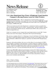 News Release U.S. Department of Labor Office of Public Affairs Denver, Colorado EBSA[removed]DEN