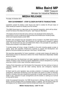 Mike Baird MP NSW Treasurer Minister for Industrial Relations MEDIA RELEASE Thursday 18 October 2012