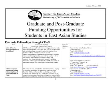 Updated: February[removed]Graduate and Post-Graduate Funding Opportunities for Students in East Asian Studies East Asia Fellowships through CEAS