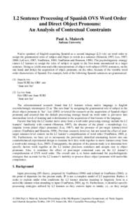 L2 Sentence Processing of Spanish OVS Word Order and Direct Object Pronouns: An Analysis of Contextual Constraints