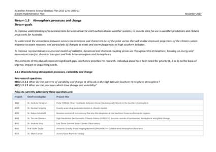 Australian Antarctic Science Strategic Plan[removed]to[removed]Stream Implementation Plan November[removed]Stream 1.3 Atmospheric processes and change