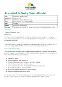 Australian Life Saving Team - Circular Title: Rescue 2016 Selection Policy  Document ID: