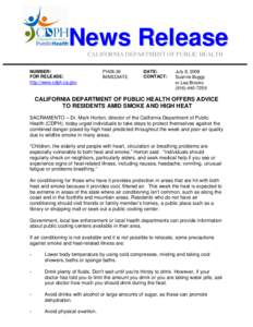 News Release CALIFORNIA DEPARTMENT OF PUBLIC HEALTH NUMBER: FOR RELEASE: http://www.cdph.ca.gov