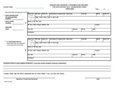Owner and Property Information Record for Safe Deposit Box/Safekeeping Items (Form UPD 206)