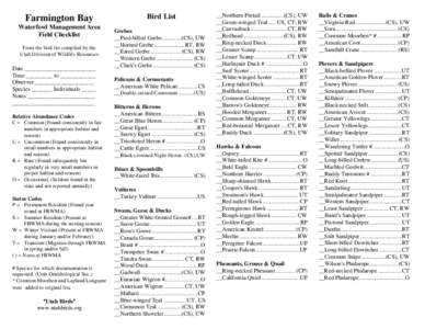 Farmington Bay Waterfowl Management Area Field Checklist From the bird list compiled by the Utah Division of Wildlife Resources