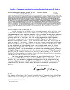 Southern Campaign American Revolution Pension Statements & Rosters Pension application of William Harmon 1W7647 Transcribed by Will Graves Elizabeth Harmon