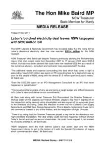 The Hon Mike Baird MP NSW Treasurer State Member for Manly MEDIA RELEASE Friday 27 May 2011