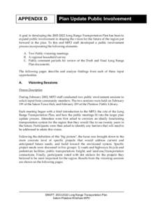 APPENDIX D  Plan Update Public Involvement A goal in developing the[removed]Long Range Transportation Plan has been to expand public involvement in shaping the vision for the future of the region put