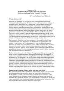 Summary of the Preliminary Report on Key Informant Interviews: Influences on Young Muslim Women in Winnipeg By Karen Busby and Sara Mahboob Why do this research? Following the September 11, 2001 attacks, Islam transition