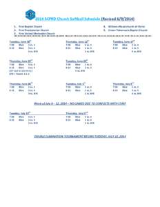 2014 SCPRD Church Softball Schedule (Revised[removed]First Baptist Church 2. First Presbyterian Church 3. First United Methodist Church  4. Williams Road church of Christ
