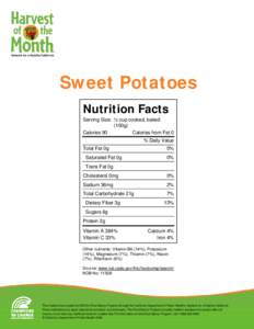 Sweet Potatoes Nutrition Facts Serving Size: ½ cup cooked, baked (100g) Calories 90 Calories from Fat 0