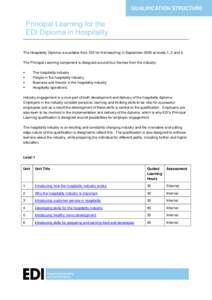 QUALIFICATION STRUCTURE  Principal Learning for the EDI Diploma in Hospitality The Hospitality Diploma is available from EDI for first teaching in September 2009 at levels 1, 2 and 3. The Principal Learning component is 