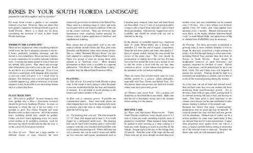 ROSES IN YOUR SOUTH FLORIDA LANDSCAPE prepared by John McLaughlin* and Joe Garofalo* For many home owners a garden is not complete without a rose bed. However, these are plants that have gained a reputation for being dif