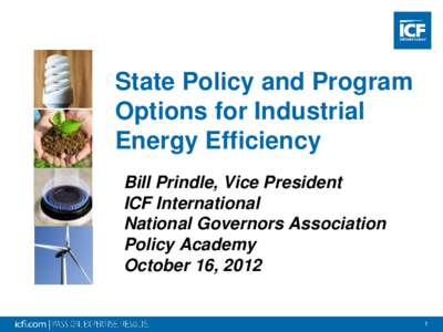 State Policy and Program Options for Industrial Energy Efficiency Bill Prindle, Vice President ICF International National Governors Association