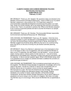 CLIMATE CHANGE AND CARBON EMISSIONS POLICIES  Bob Bromley Oral Question QUESTION[removed]February 15, 2012