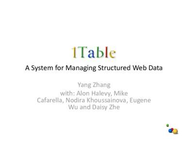 1Table A System for Managing Structured Web Data Yang Zhang with: Alon Halevy, Mike  Cafarella, Nodira Khoussainova, Eugene  Wu and Daisy Zhe