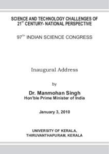 SCIENCE AND TECHNOLOGY CHALLENGES OF 21ST CENTURY- NATIONAL PERSPECTIVE TH 97 INDIAN SCIENCE CONGRESS
