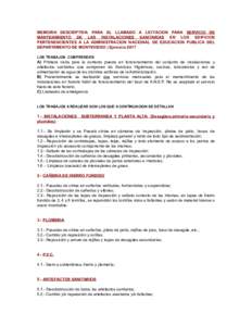 MEMORIA DESCRIPTIVA: PARA EL LLAMADO A LICITACION PARA SERVICIO DE MANTENIMIENTO DE LAS INSTALACIONES SANITARIAS EN LOS EDIFICIOS PERTENENCIENTES A LA ADMINISTRACION NACIONAL DE EDUCACION PUBLICA DEL DEPARTAMENTO DE MONT