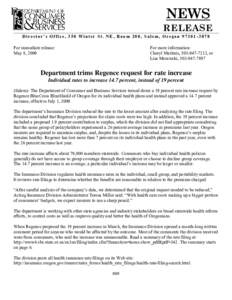 News Release: Department trims Regence request for rate increase, Individual rates to increase 14.7 percent, instead of 19 percent
