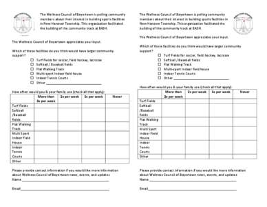 The Wellness Council of Boyertown is polling community members about their interest in building sports facilities in New Hanover Township. This organization facilitated the building of the community track at BASH.  The W